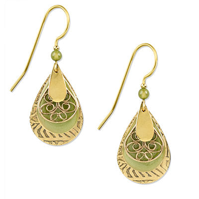 Silver Forest Green & Gold Layered Teardrop Filigree Earrings