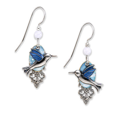 Silver Forest Hummingbird on Clouds Earrings