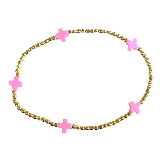 Enewton Signature Cross Small Gold Pattern 2mm Bead Bracelet - Bright Pink