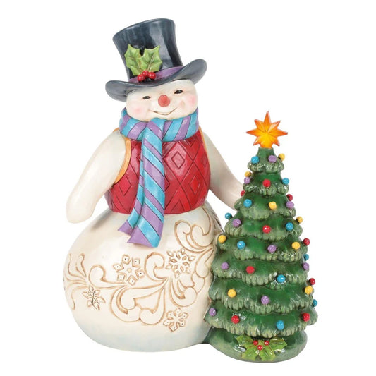 Jim Shore "All is Merry and Bright" Snowman with Vintage LED Light up Tree Figurine
