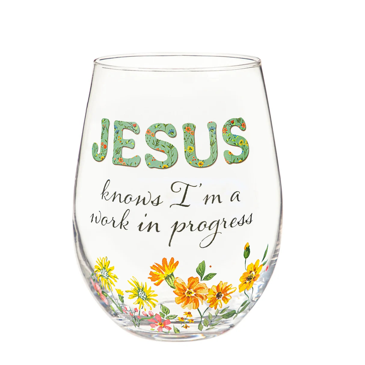 Evergreen Viva Style Jesus Knows Stemless Wine Glass