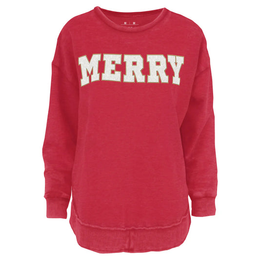 Southern Couture Comfy Round Here Merry Applique Sweatshirt in Red