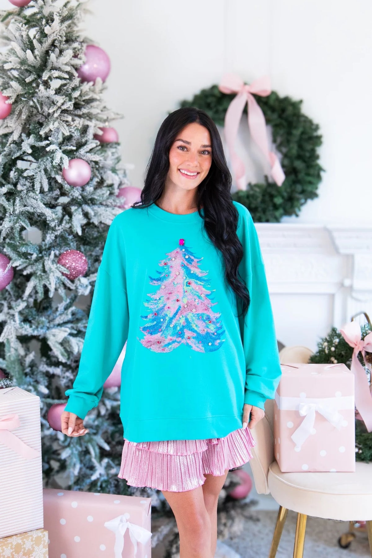 Grace + Emma Colorful Christmas Tree with Jewel Detail on Turquoise Long Sleeve Top