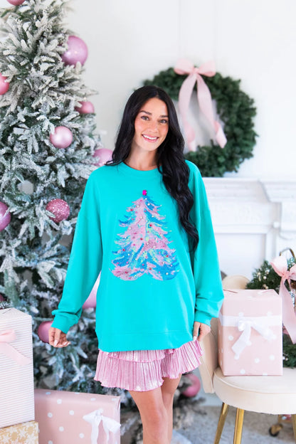 Grace + Emma Colorful Christmas Tree with Jewel Detail on Turquoise Long Sleeve Top