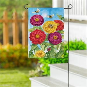 Evergreen Multicolor Zinnias & Bees Suede Garden Flag