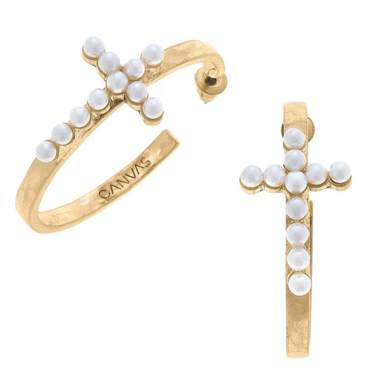 CANVAS Hannah Pearl Cross Hoop Gold Earrings