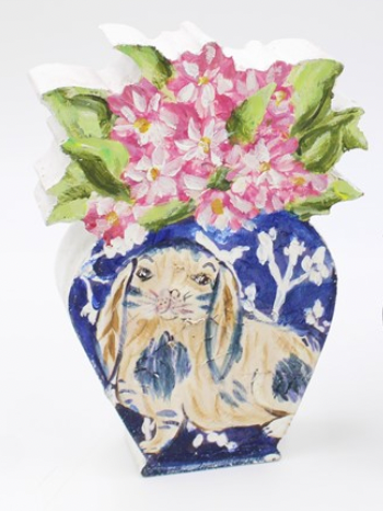 Trade Cie Handpainted MDF Cutout Block Bunny Pot with Pink Flower