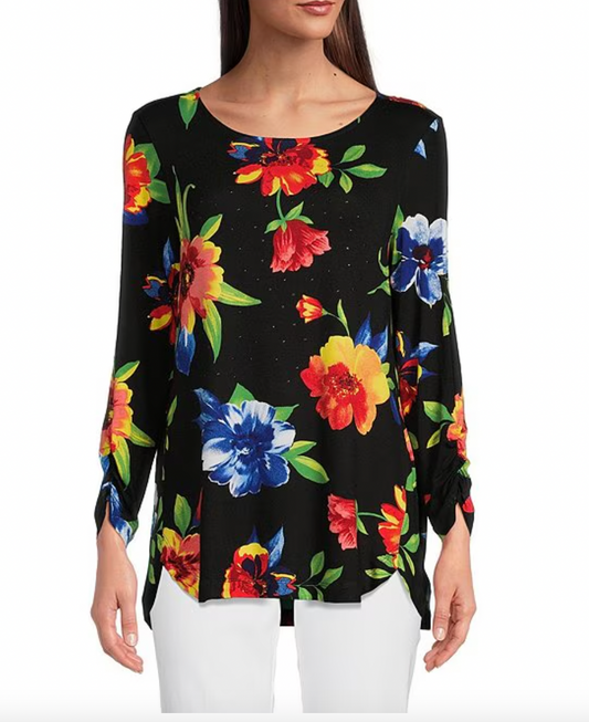 Ali Miles Tropical Floral Printed Round Neck High Low Hem Pullover Tunic