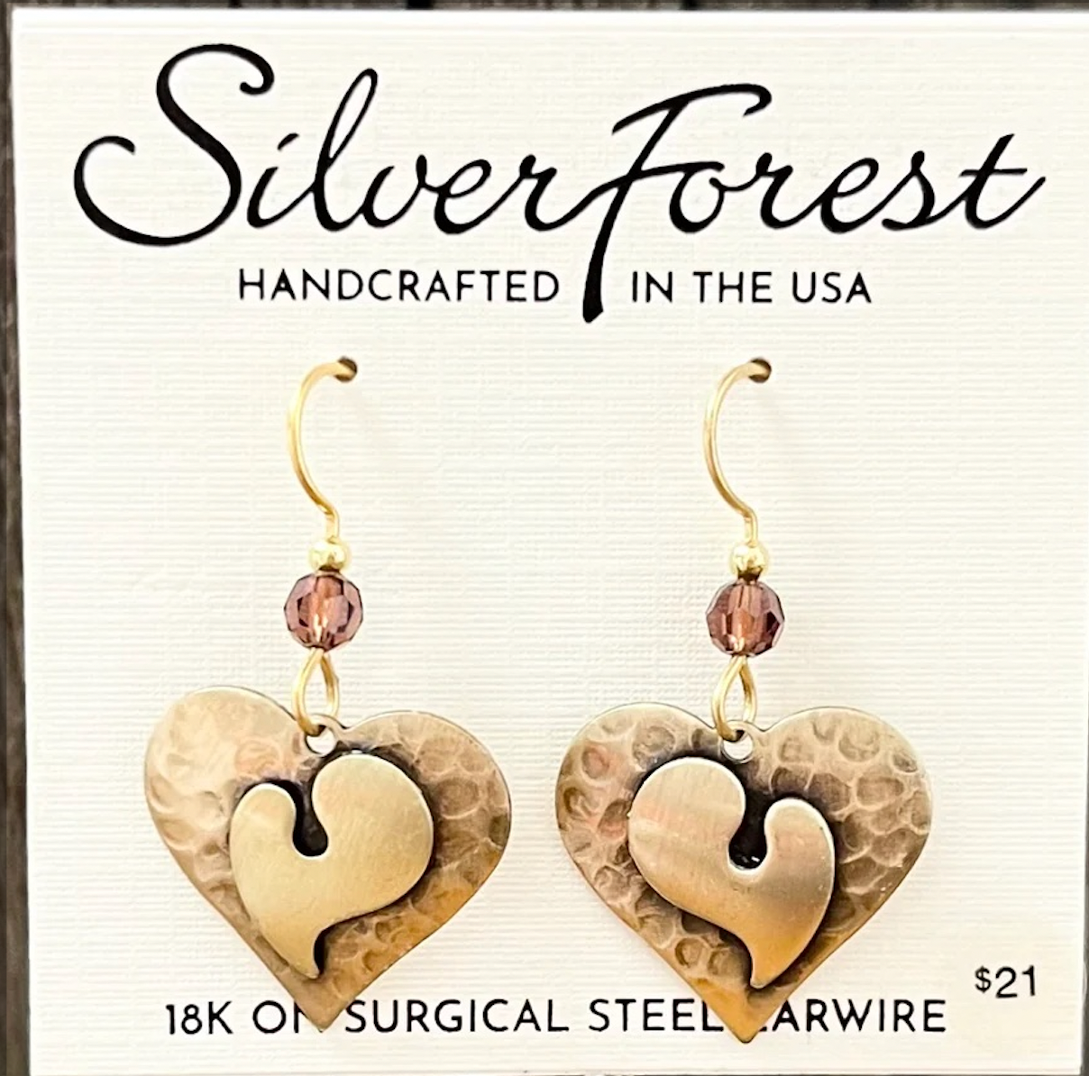 Silver Forest Heart on Heart with Bead Earrings