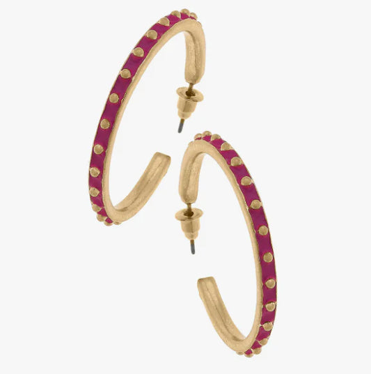 CANVAS Aubrey Enamel Studded Metal Hoop Earrings in Fushia