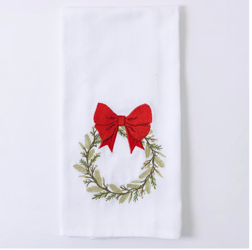 Mary Square Tea Towel Red Bow Wreath