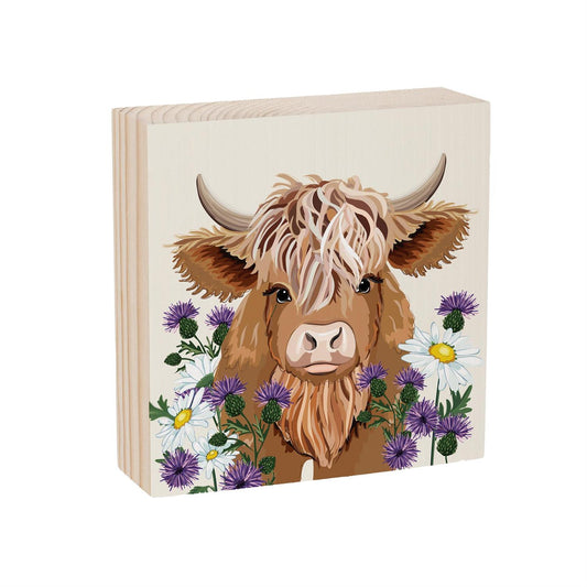 Evergreen Petal & Plow Highland Cow Sign Wood Block, 6"x6"
