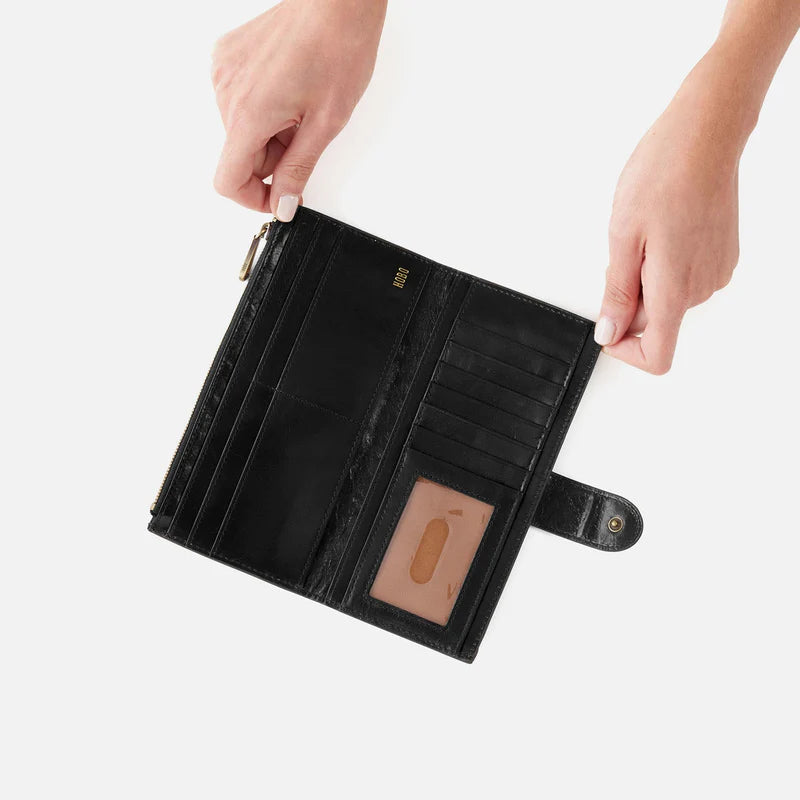 HOBO Dunn Continental Wallet in Polished Black Leather