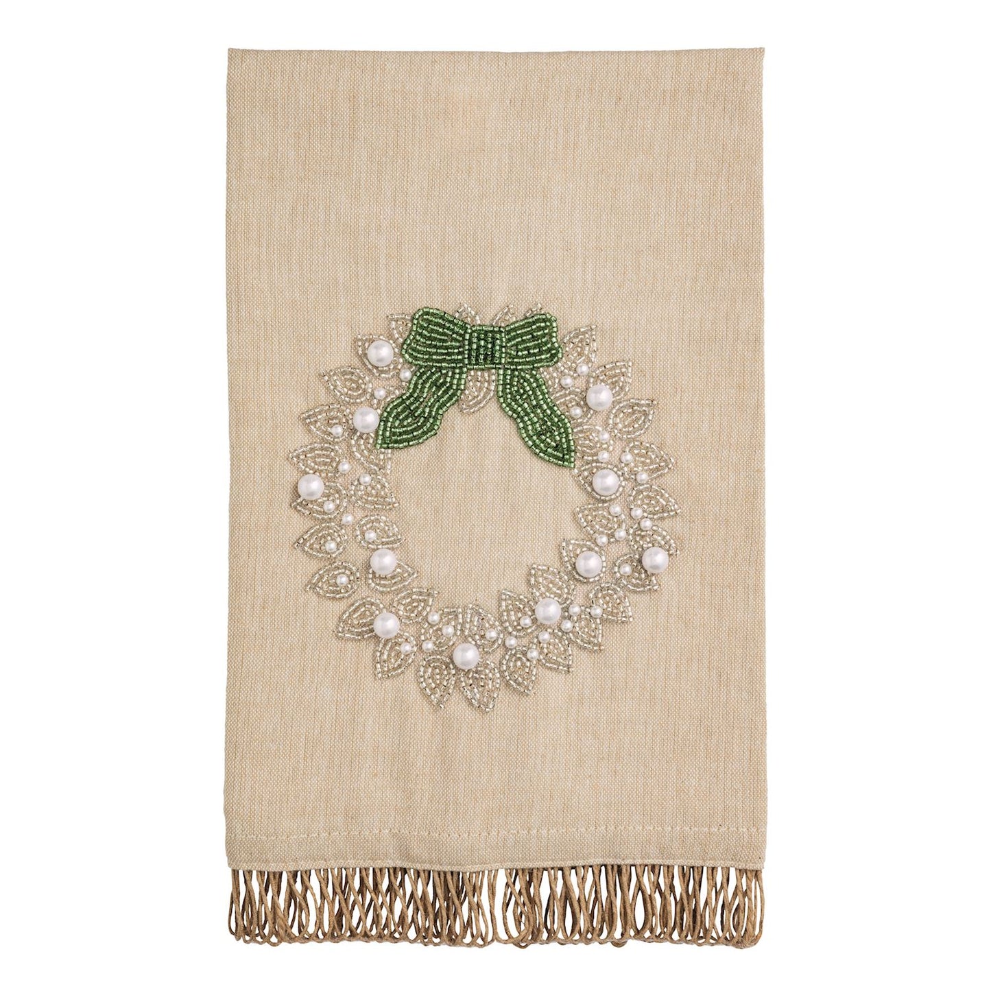 Mud Pie White Beaded Christmas Towel