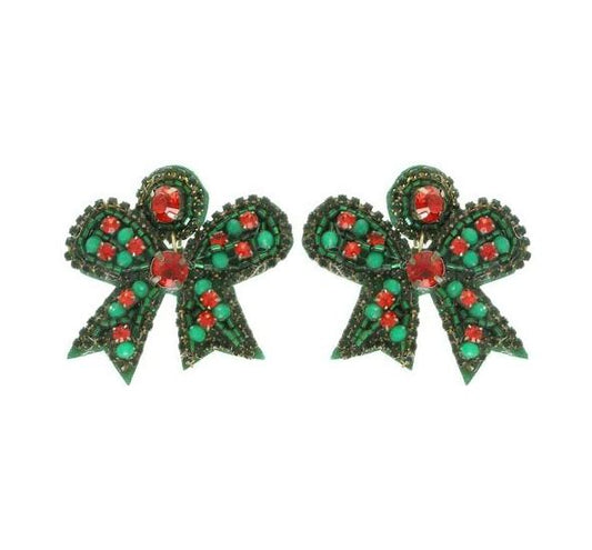Sophia Collection Holiday Christmas Bow Seed Beaded Post Dangle Earrings