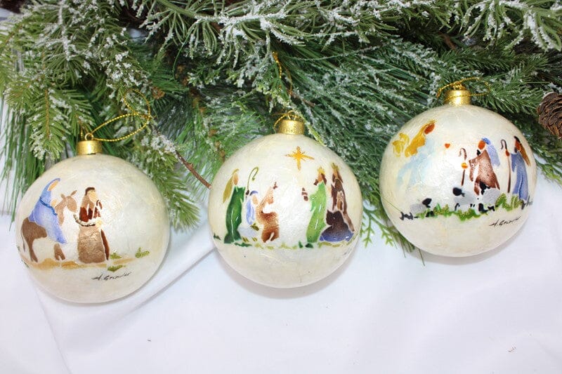 Trade Cie Capiz Shell Ball Ornaments with Nativity Scenes