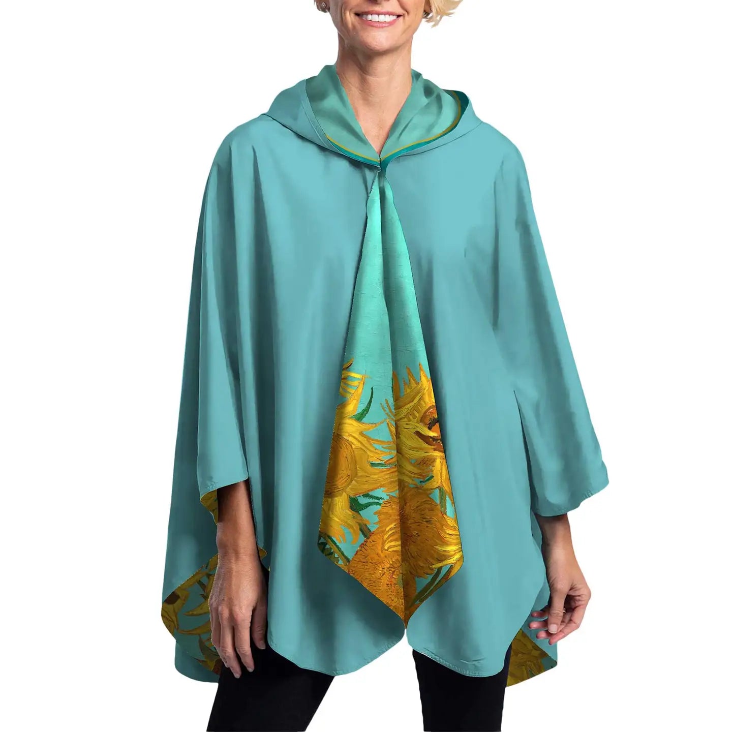 RainCapers Van Gogh Sunflowers Reversible Rain Cape – Lightweight Hooded Wrap For Women