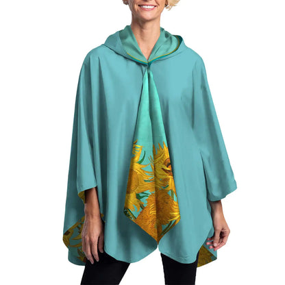 RainCapers Van Gogh Sunflowers Reversible Rain Cape – Lightweight Hooded Wrap For Women
