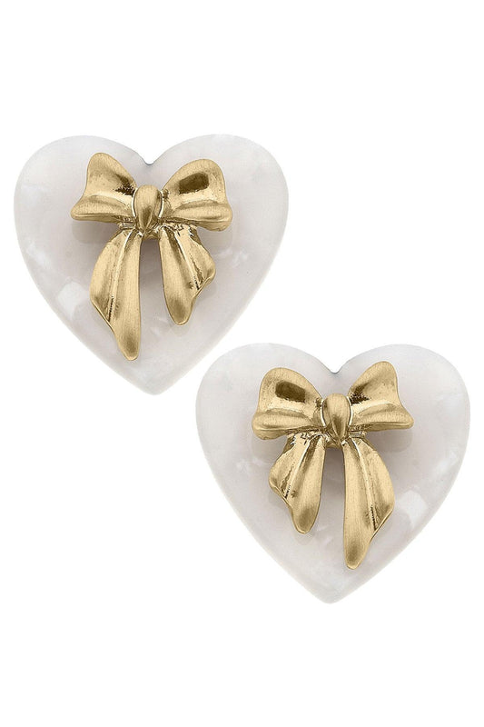 CANVAS Cecelia Bow Mother of Pearl Heart Stud Earrings in Worn Gold