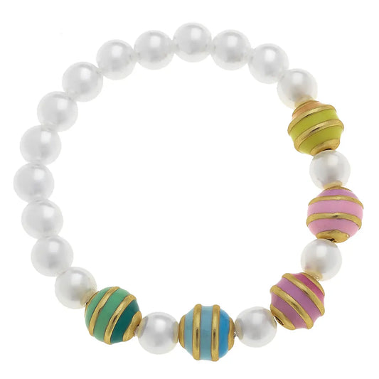 CANVAS Molly Macaron Pearl Beaded Children's Stretch Bracelet in Worn Gold