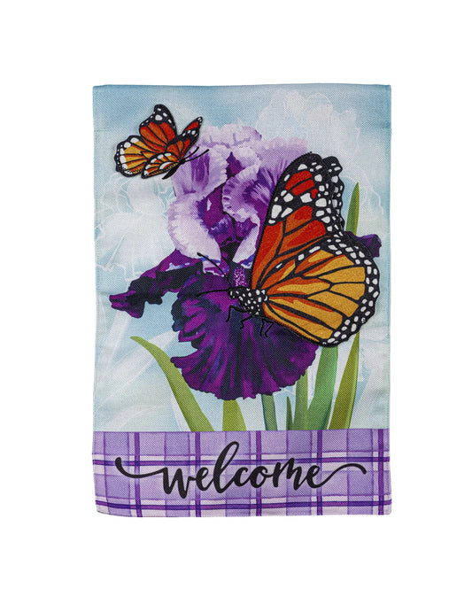 Iris Butterflies Garden Burlap Flag