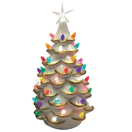 Santa's Workshop 14" Lighted White Ceramic Tree with Gold Tips