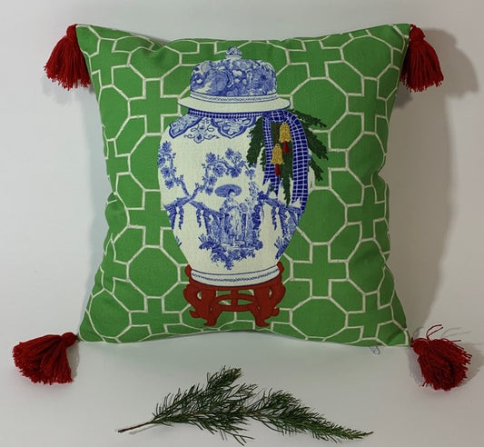 Trade Cie 16" Square Chinoiserie Ginger Jar Pillow with Tassels