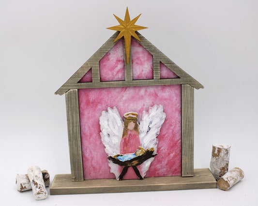 Trade Cie Layered Wood Angel at Manger Pink