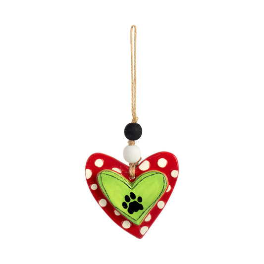 Demdaco Paw Print Heart Ornament - Green & Red