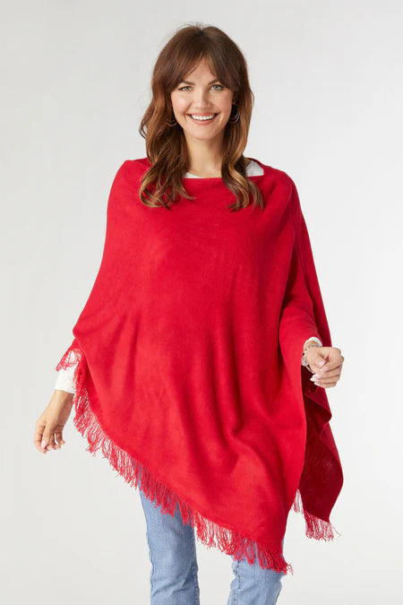Coco+Carmen Lightweight Poncho with Fringe - Red