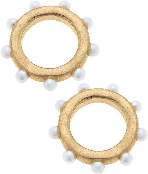 CANVAS Melanie Pearl Studded Circle Stud Earrings in Worn Gold