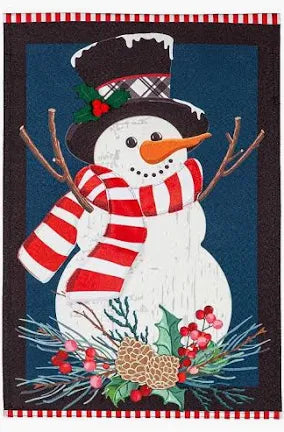 Evergreen Holly Snowman Burlap Garden Flag