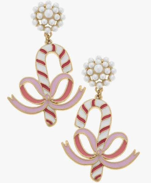 CANVAS Candy Cane & Bow Enamel Earrings