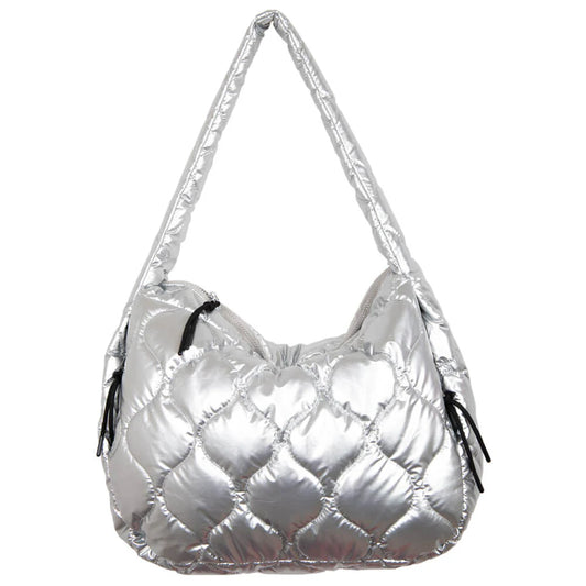 Katydid Metallic Silver Wave Quilted Hobo Tote Bag