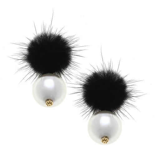 CANVAS Aster Faux Mink Pompon and Pearl Earrings in Black