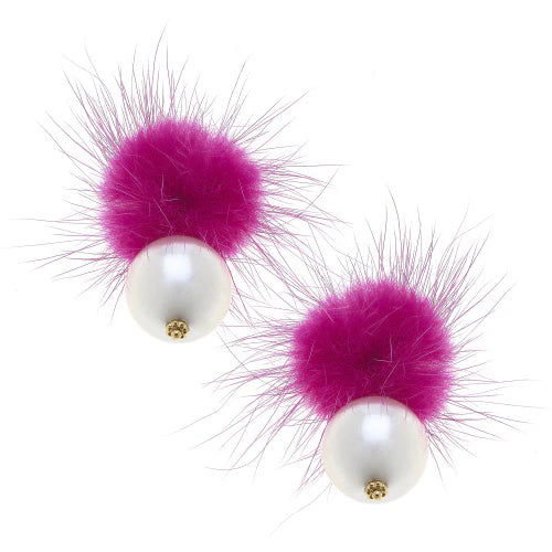 CANVAS Aster Faux Mink Pompon and Pearl Earrings in Pink